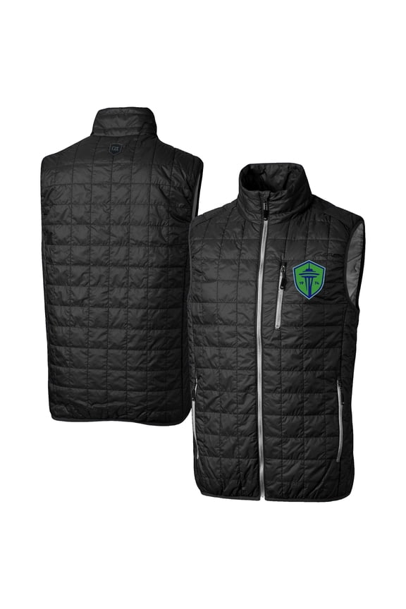 Men's-Cutter & Buck  Black Seattle Sounders FC Rainier PrimaLoft Eco Insulated Full Zip Puffer Vest