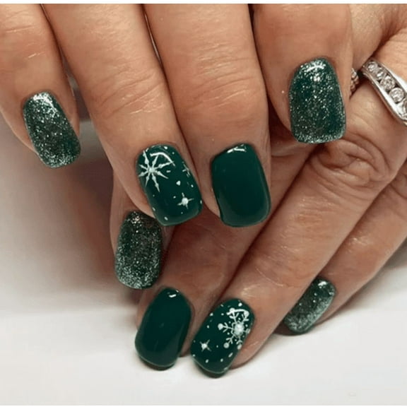 Impress Press On Nails Short YTTAL Christmas Press On Nails Short Almond Green Fake Nails - False Nails with Designs White Snowflake Full Cover Matte Glue On Acrylic Nails for Women 24 Pcs