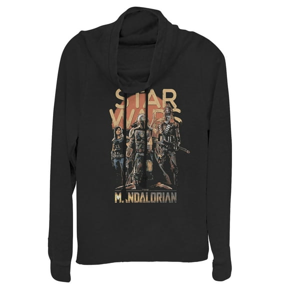 Junior's Star Wars: The Mandalorian Grunge Character Cowl Neck Sweatshirt Black Medium