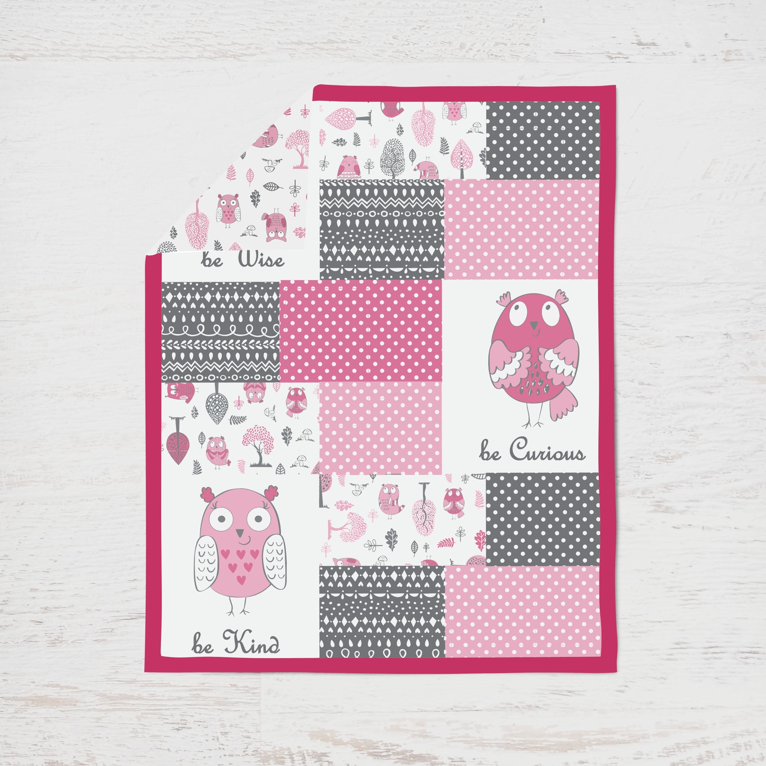 Bacati - Owls in the Woods 3-Piece Crib Bedding Set - Pink/Grey Girls