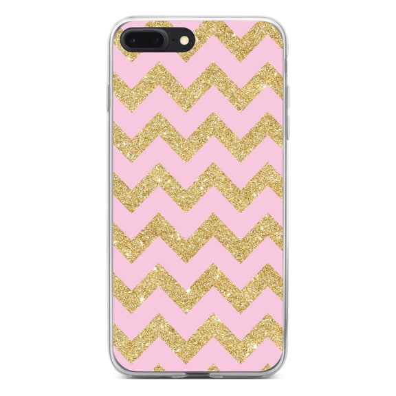 DistinctInk Clear Shockproof Hybrid Case for iPhone 7 PLUS / 8 PLUS (5.5" Screen) - TPU Bumper, Acrylic Back, Tempered Glass Screen Protector - Pink & Gold Print - Chevron Pattern