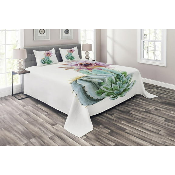 Ambesonne Natural Quilted Coverlet 3 Pcs, Cactus Flower and Spike, King Size, Pink Green and Blue