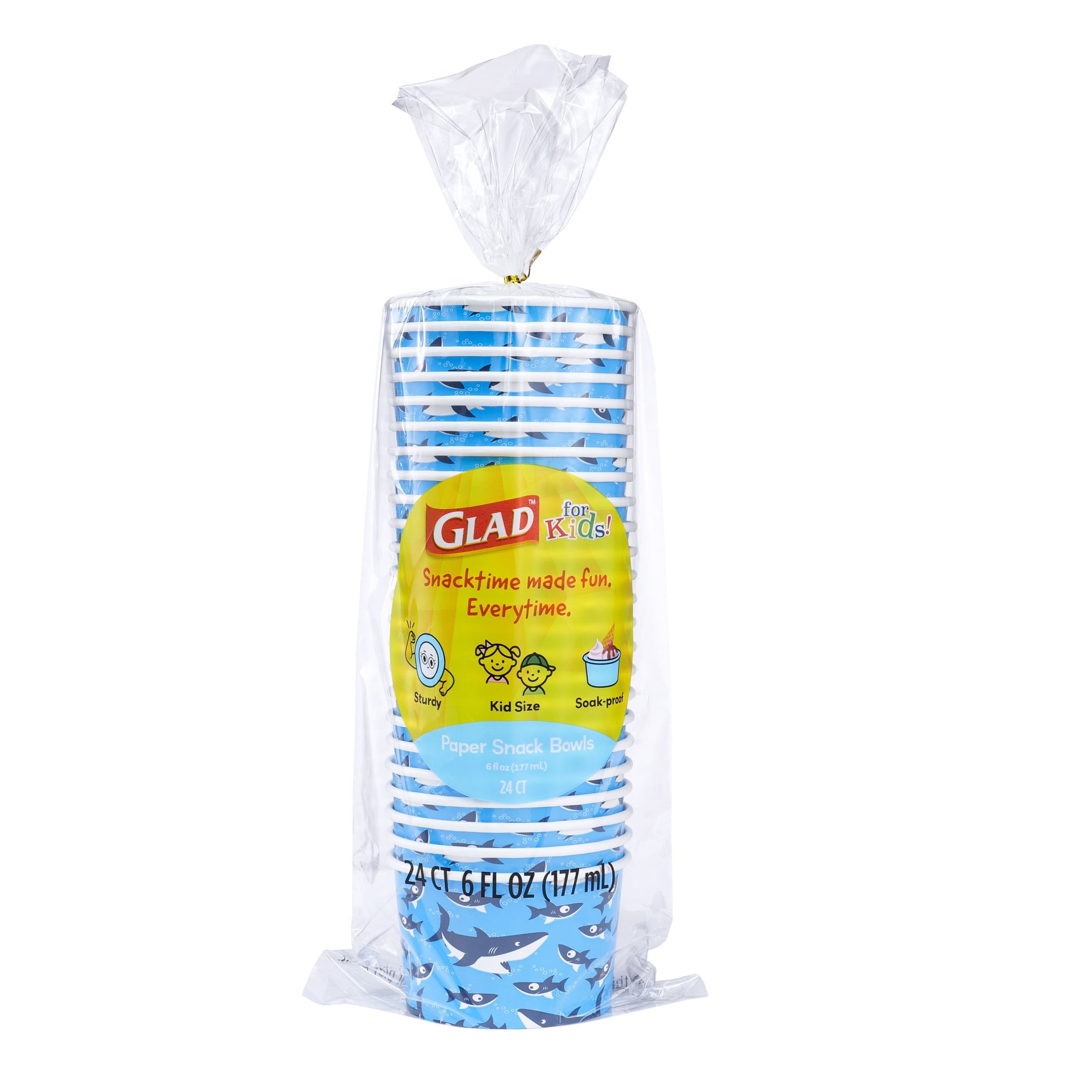 Glad For Kids Sharks 6oz Paper Snack Bowls, 24 Count - Leak Resistant & Sturdy