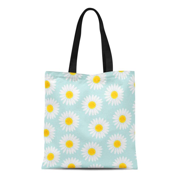 JSDART Canvas Tote Bag Yellow Daisy Floral Daisies Flowers Blue Pattern Spring Fresh Reusable Shoulder Grocery Shopping Bags Handbag