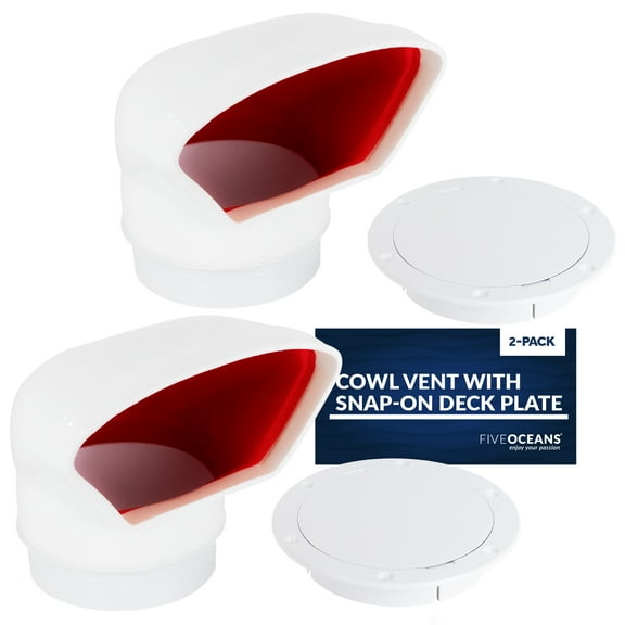 Five Oceans  3-Inch Cowl Vent with Snap-On Deck Plate and Cover, 2 Pack Low Profile UV-Resistant and Flexible PVC, Red Interior, for Air Intake or Cabin Ventilation - FO88-M2