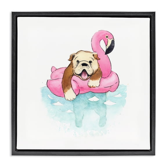 Stupell Industries Eclectic Bulldog in Pool Float Black Floating Frame Canvas Art, 18 x 18, by Geoff Allen