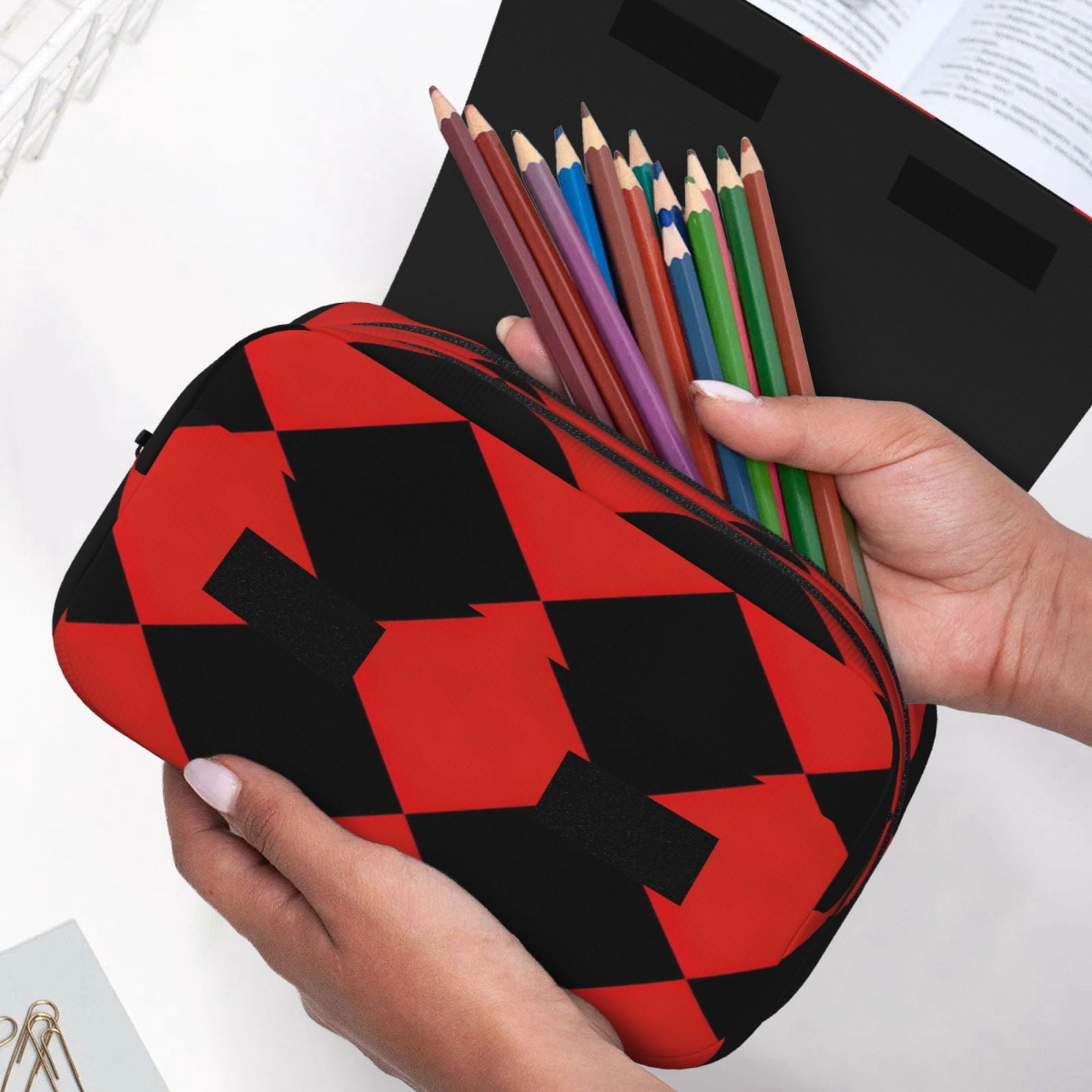 Large-Capacity Flip-Top Double-Layer Pencil Case, Multi-Functional Pocket Pen Case, Durable Stationery Organizer Red And Black Checkered Pattern (9)
