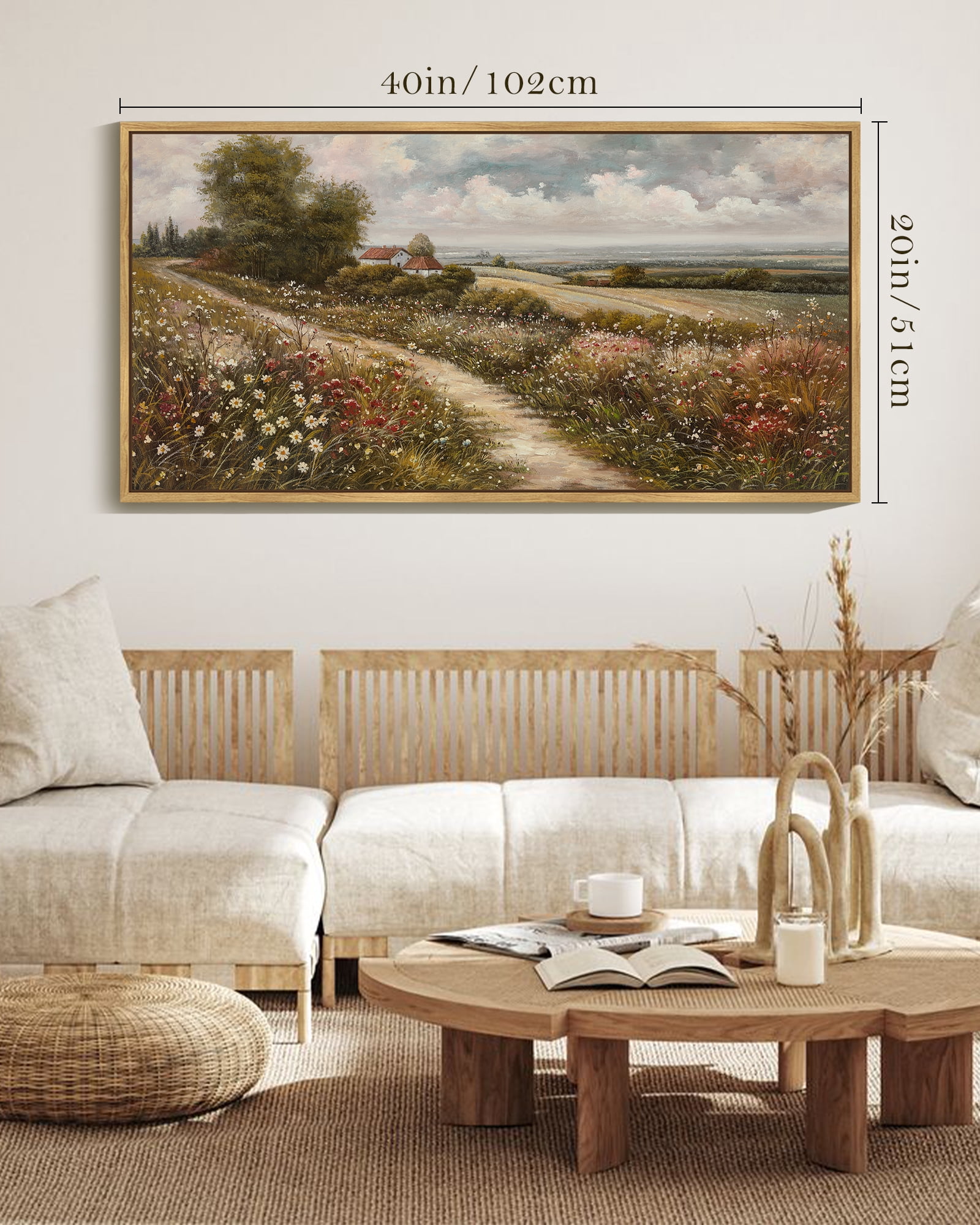 Drsoum 20x40in Natural Framed Vintage Rural wildflowers Wall Art Classic Retro rustic Landscape Wall Prints Hallways Dining Rooms Bedroom Living Rooms Decor