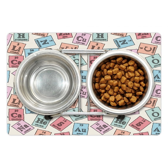 Periodic Table Pet Mat for Food and Water, Sketch Style Chemistry Class Elements Science Camp Art Print, Non-Slip Rubber Mat for Dogs and Cats, 18" X 12", by Ambesonne
