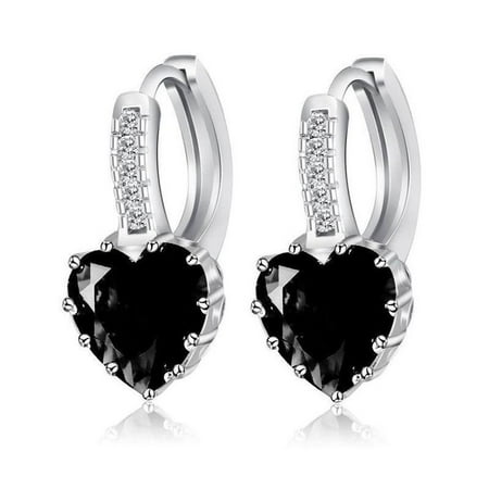 CLEARANCE - Heart Shaped Black Diamond CZ Solitaire Hoop Earrings