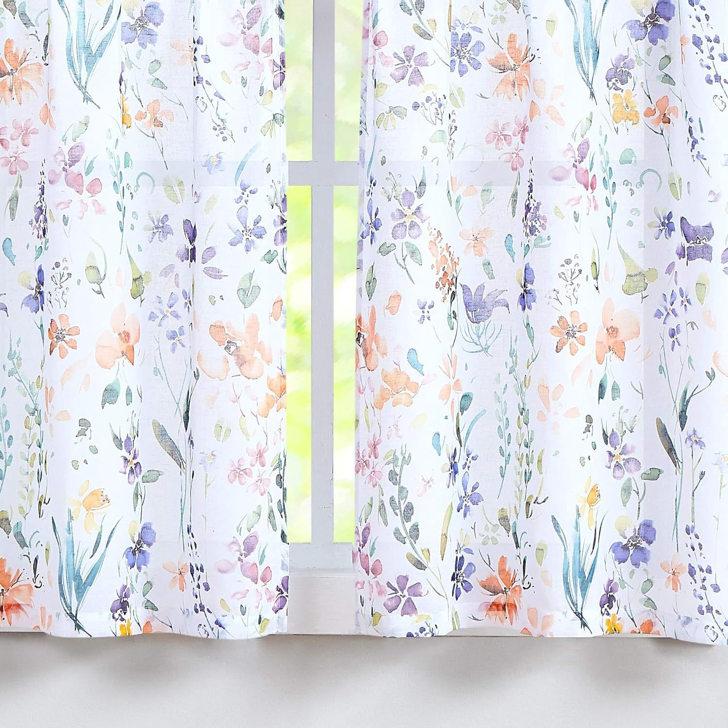 Floral Print Kitchen Curtains 24 inch Purple and Orange Tier Curtains for Small Windows Semi-Sheer Window Treatment Sets for Bathroom/Bay Window/Dining Room,28" W x 24" L Rod Pocket