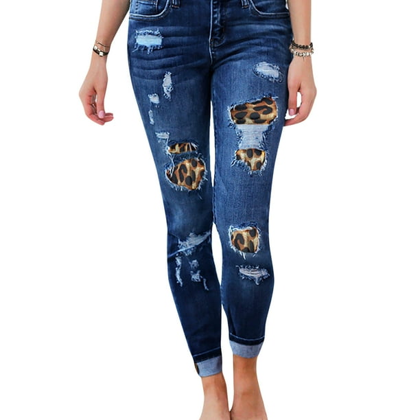 Luiryare - Women Skinny Ripped Jeans, Mid Waist Slim Fit Leopard Patchwork Distressed Denim