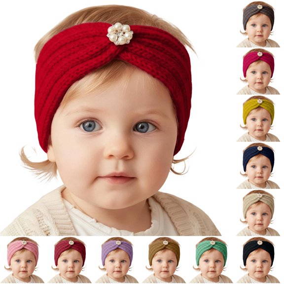Krdevn Baby Knitted Twist Headband Pearl Rhinestone Decor Soft Stretch Yarn Ear Warmer Wide Elastic Head Wrap Cozy Warm Hair Accessories for Cold Weather