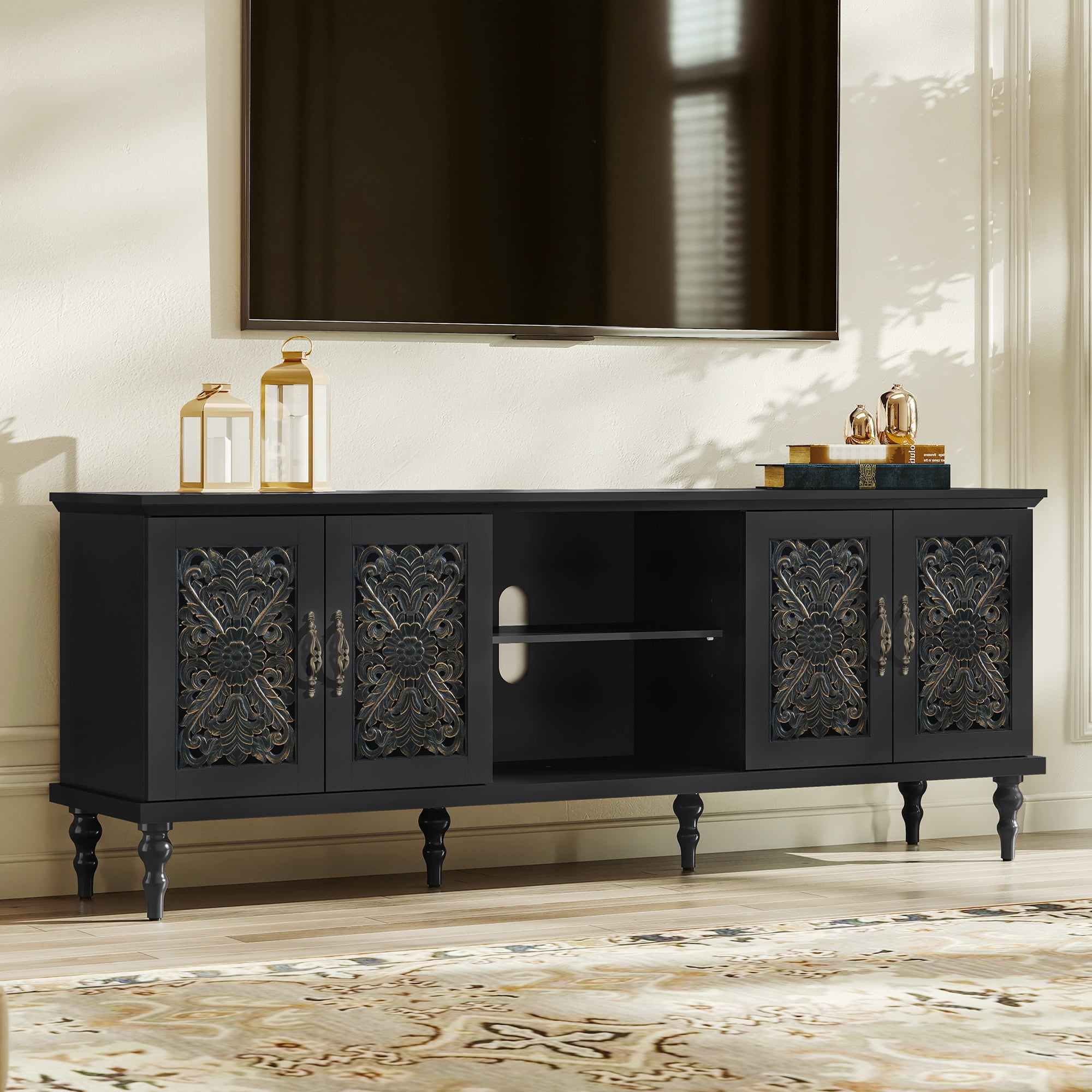 HLR Retro 67" TV Stand, for TVs up to 75", Living Room Entertainment Center with Carved Storage Cabinet, Black