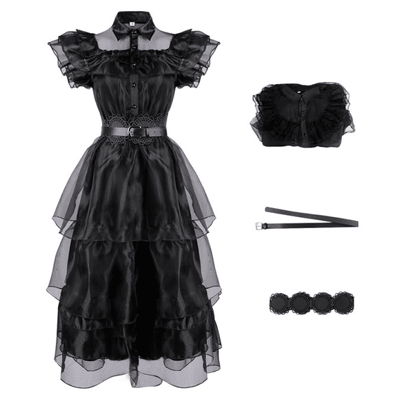 Wednesday Addams Black Tulle Dress Child Cosplay Gown Costumes for Girls