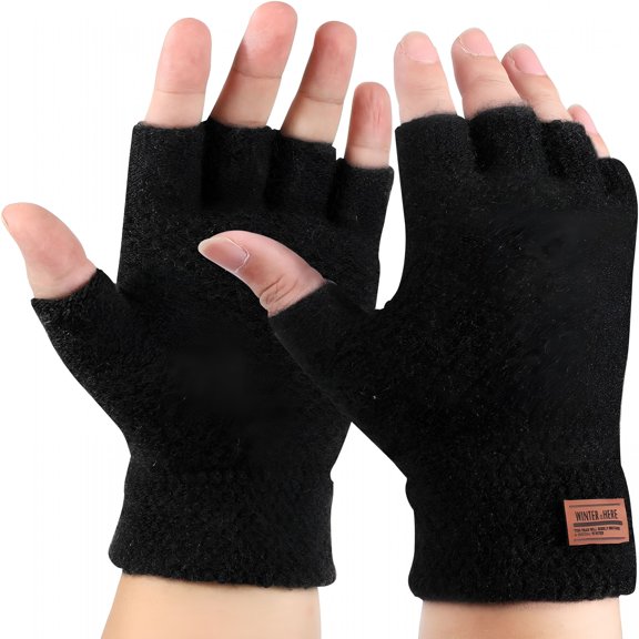 TELOLY Winter Thermal Fingerless Gloves for Men Women, Warm knitted Half Finger Mittens, Black