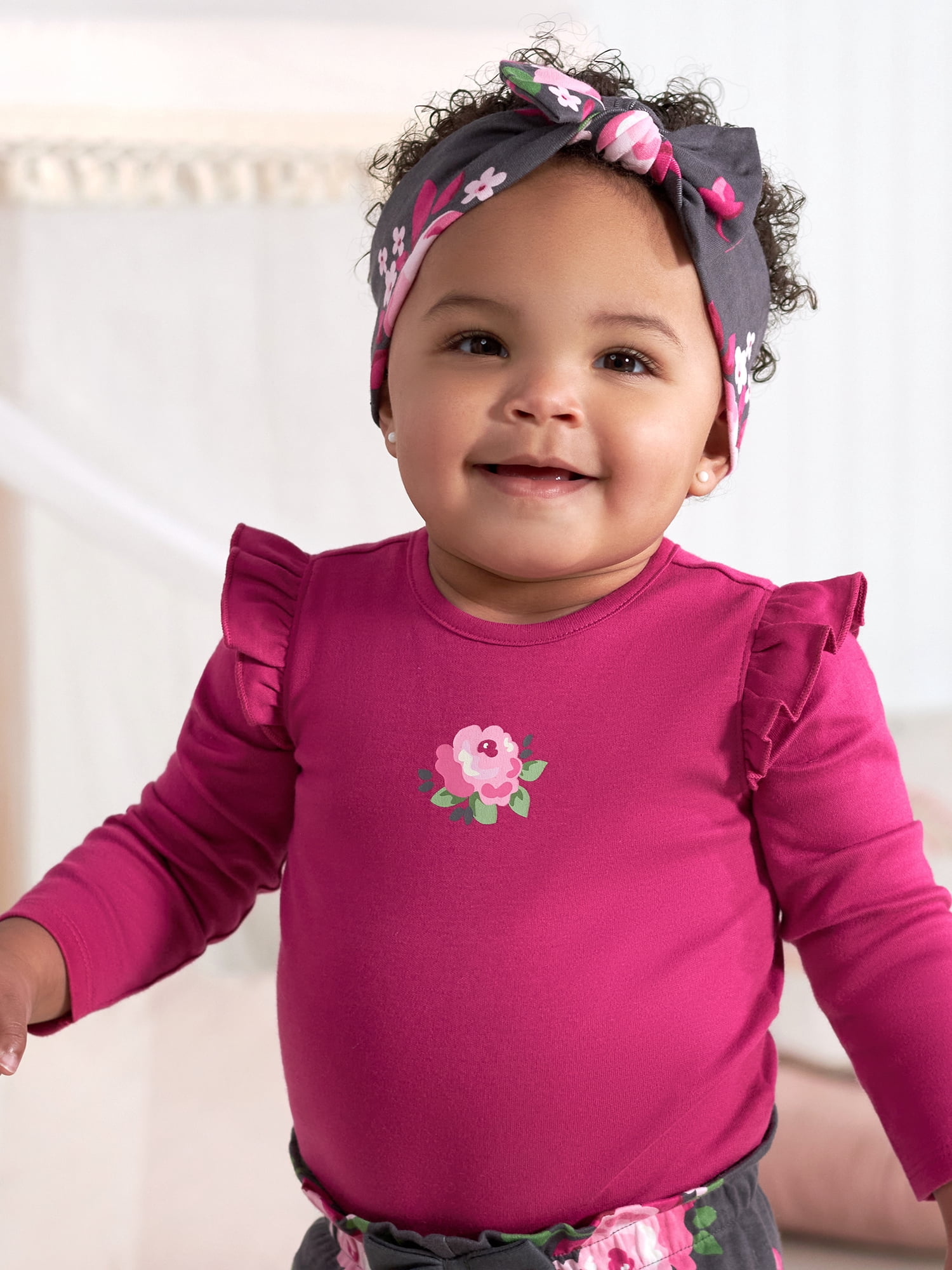 Gerber Baby Girl Long Sleeve Onesies Bodysuit, Pant & Headband Outfit Set, 3-Piece, (Newborn - 18 Months)