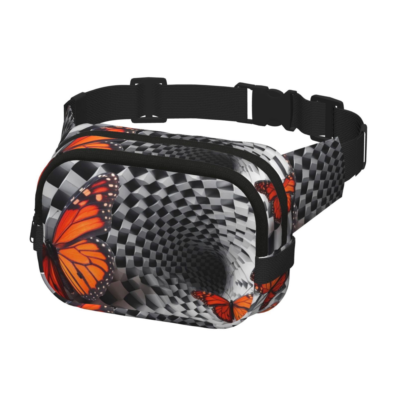 Picia Butterflies Optical Illusion Print Square Double-Layer Waist Bag Mini Adjustable Waist Belt Bag Exercise Running Travel Hiking