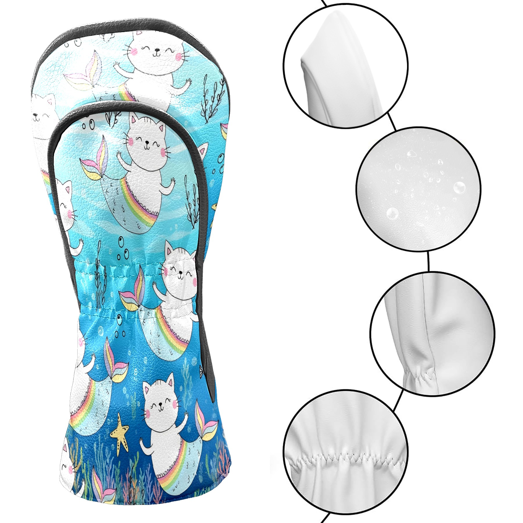 Golf Club Head Covers - Mermaid Cat Blue Design, Premium PU Leather Driver Hybrid Headcovers with Velvet Lining, Waterproof Golf Gifts for Men Women