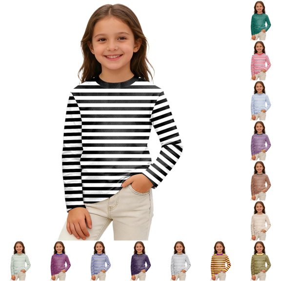 LIIPEE T Shirts For Girls Long Sleeve Crew Neck Fashion Stripes Graphic Tees Kids Cute Everyday Versatile Casual T Shirt,11-12 Years