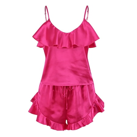 

Fabiurt Summer Multicolor Strappy Ruffle Satin Shiny Pajama Set for Women Hot Pink Size:L