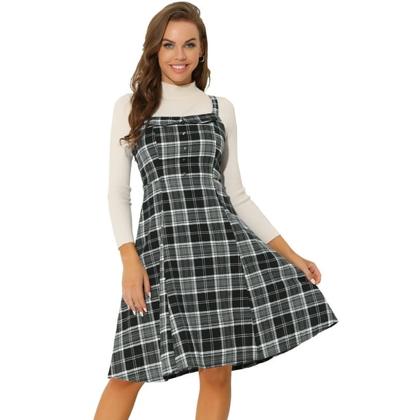 Vestido a media pierna sin mangas con decoración de botones a cuadros para mujer Negro M