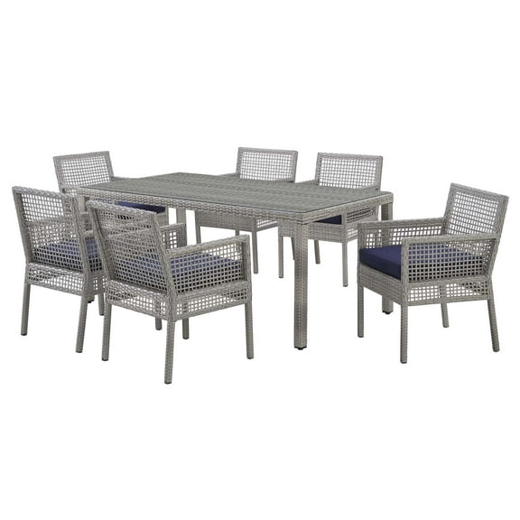 Modern Contemporary Urban Outdoor Patio Balcony Garden Furniture Side Dining Chair and Table Set, Rattan Wicker, Navy Blue Grey Gray