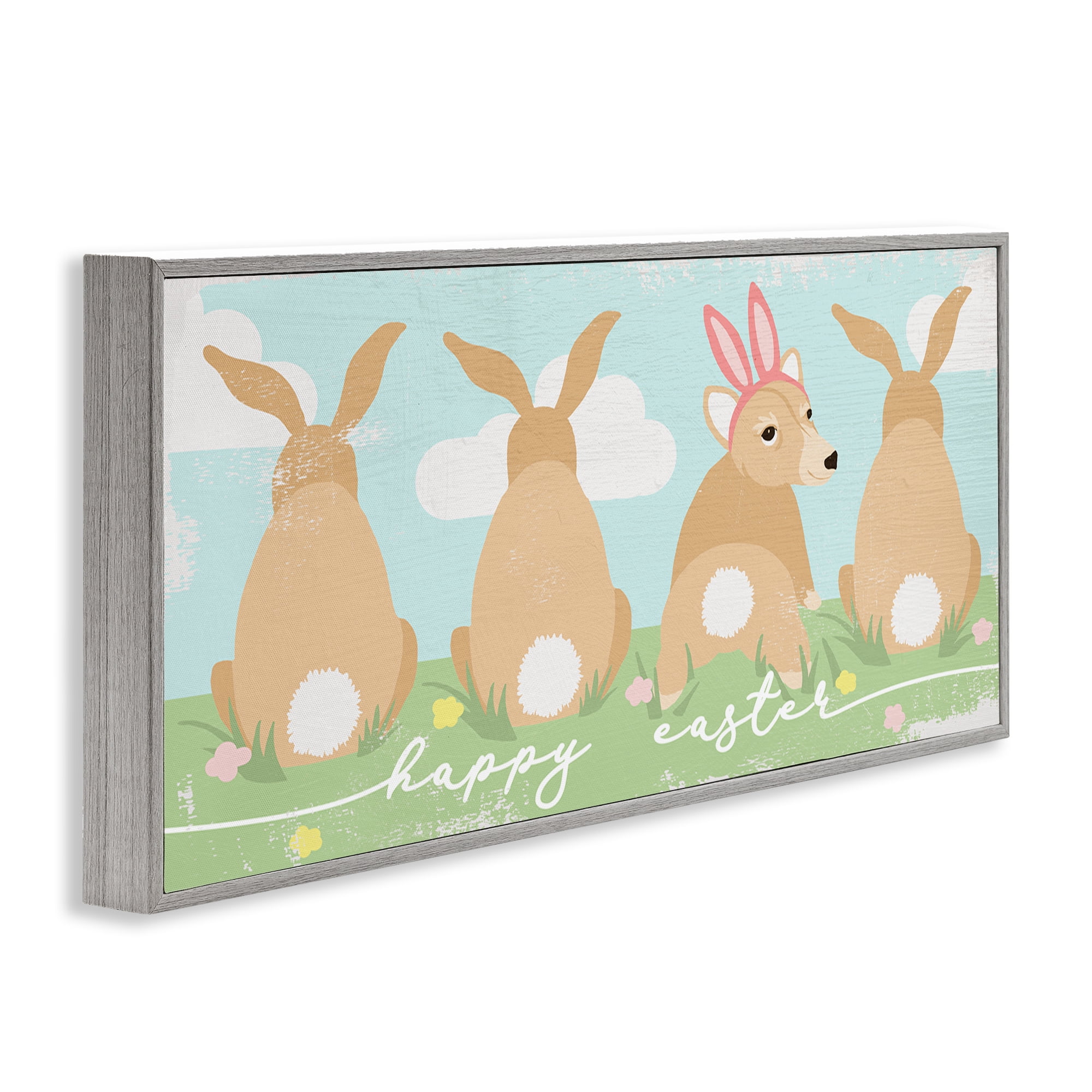 Happy Easter Sentiment Bunny Tails Funny Corgi Dog Gray Framed Giclee Art, 24 x 10, By Lil' Rue