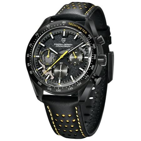 PAGANI DESIGN Men's Quartz Watches full Black Stainless Steel Chronograph Wristwatch with Leather Watchband
