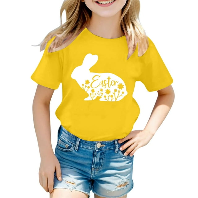 Chemises Filles Mode Décontractée Imprimé Col Rond Manches Courtes T-Shirt Hauts Filles Jaune 4 Ans-5 Ans