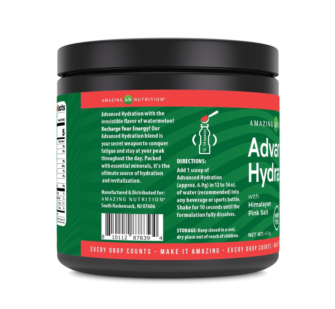 Amazing Nutrition Advanced Hydration, Electrolyte Powder 60 Servings | Natural Watermelon | Packed with Essential Minerals | Sugar-Free | Keto Friendly | Non-GMO | Gluten-Free