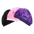 thumbnail image 4 of 3Pc Children Satin Sleep Bonnet Elastic Wide Band Round Sleep Head Cover Hair Care Hat for Children 1pc each in Purple Black Pink, 4 of 6