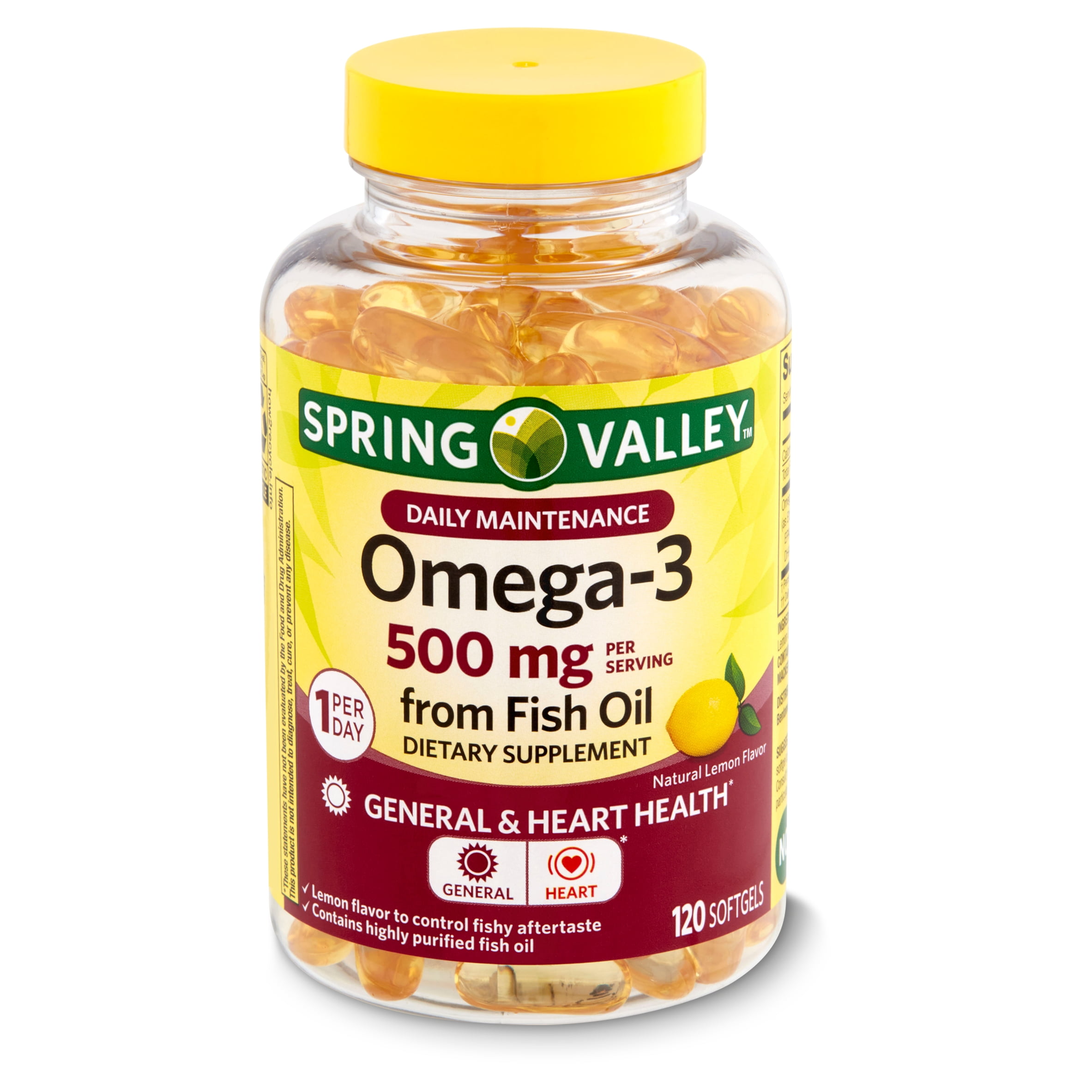 Spring Valley Natural Lemon Flavor Omega-3 Fish Oil Dietary Supplement, 500 mg, 120 count