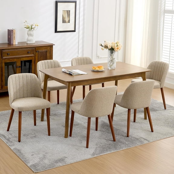 Wooden Dining Chairs Set of 6, Upholstered Kitchen Dining Room Chairs with Padded Seat and Wood Legs, Modern Fabric Side Dinner Chair for Kitchen, Dining Room, Restaurant, Cafe, Camel