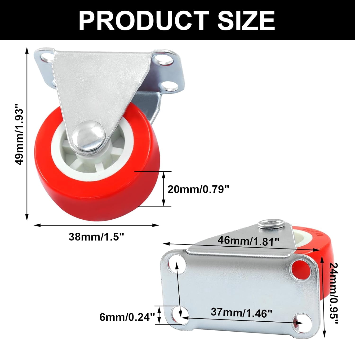 FRKSMD-6 Pack Rigid No-Swivel Plate Caster Wheels, 1.5 inch Hard Rubber Caster Wheels with Screws, Red Plate Casters for Furniture, Workbench