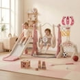thumbnail image 2 of DKMOCO 6-in-1 Kids Slide and Swing Set with Basketball Hoop & Soccer Goal, Sturdy Indoor Outdoor Climber Playset, Multi-functional Playground Gift for Kids 1-3, Pink, 2 of 7