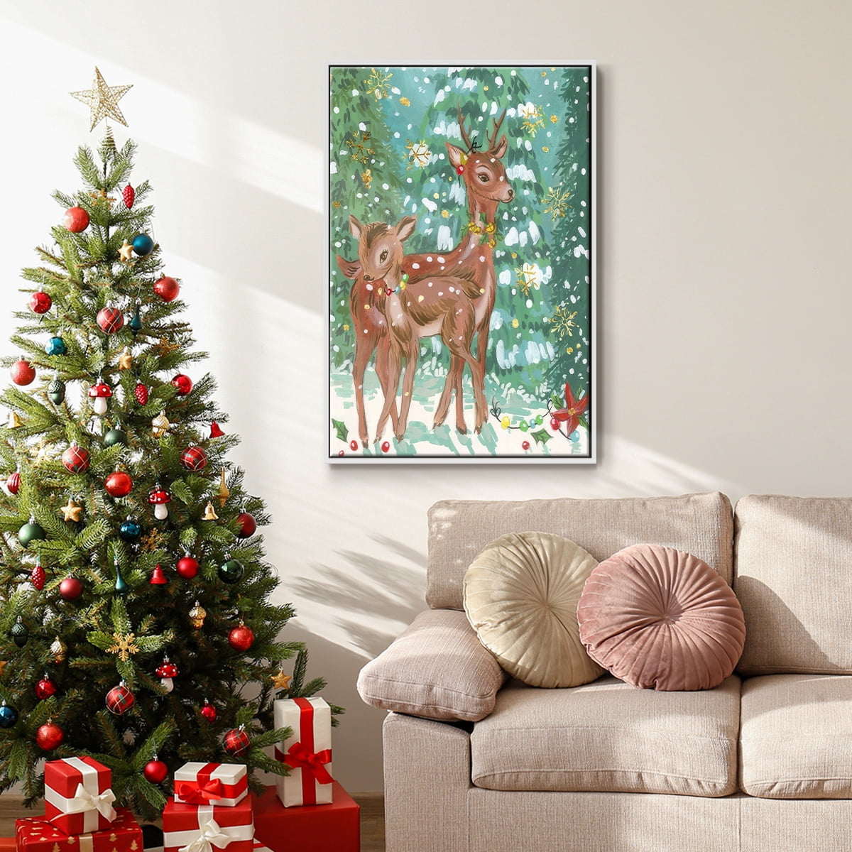 Doe and Fawn II - Framed Gallery Wrapped Holiday Canvas - 17 x 25 - White Frame