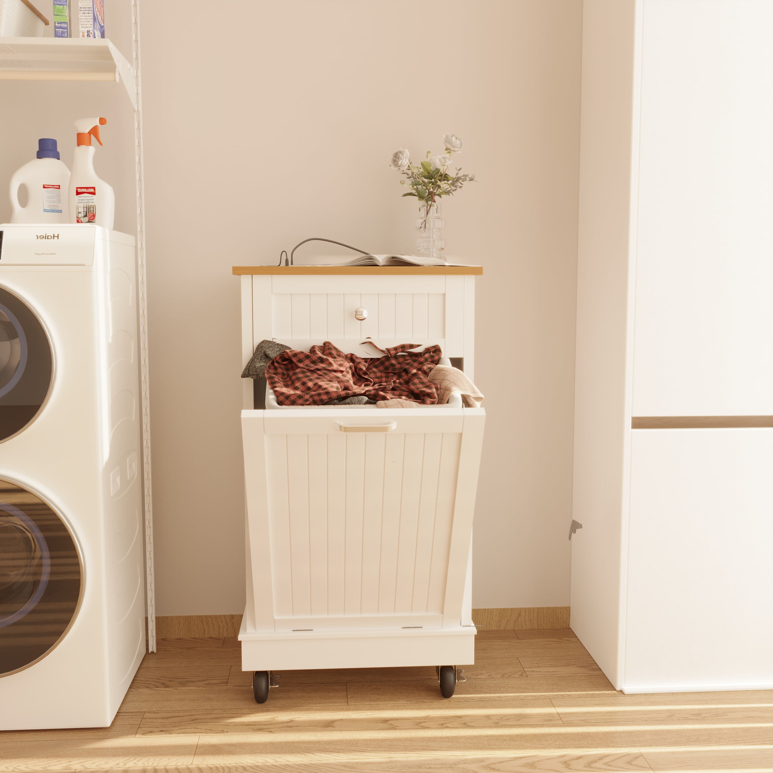 JassmiPkwy Trash Cabinet Tilt-Out,10 Gallon Farmhouse Laundry Hamper Cabinet w/1 Drawers,Hidden Wooden Trash Can Cabinets with Storage Basket for Kitchen-White