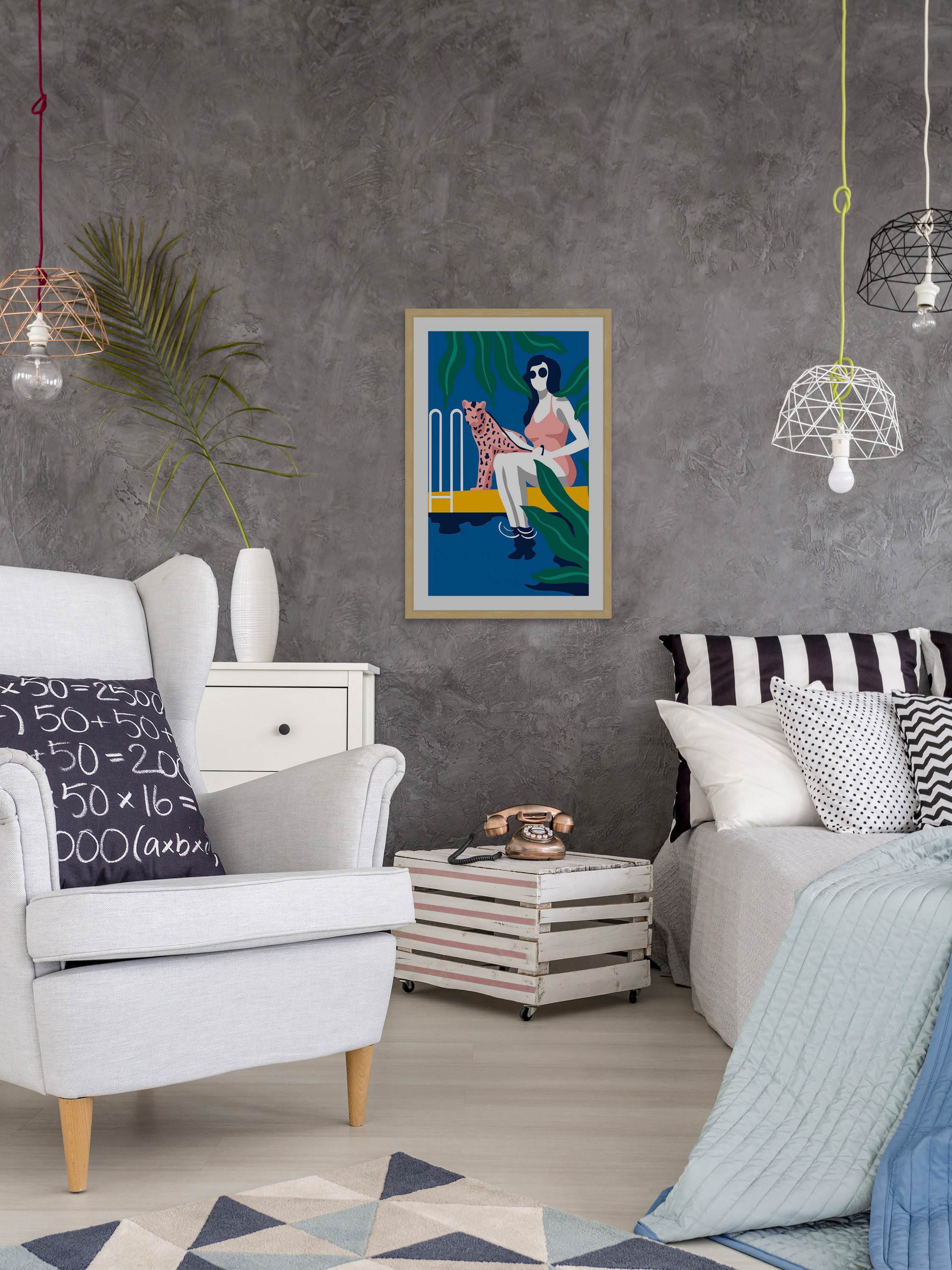 Cheetah by the Pool Framed Painting Print
