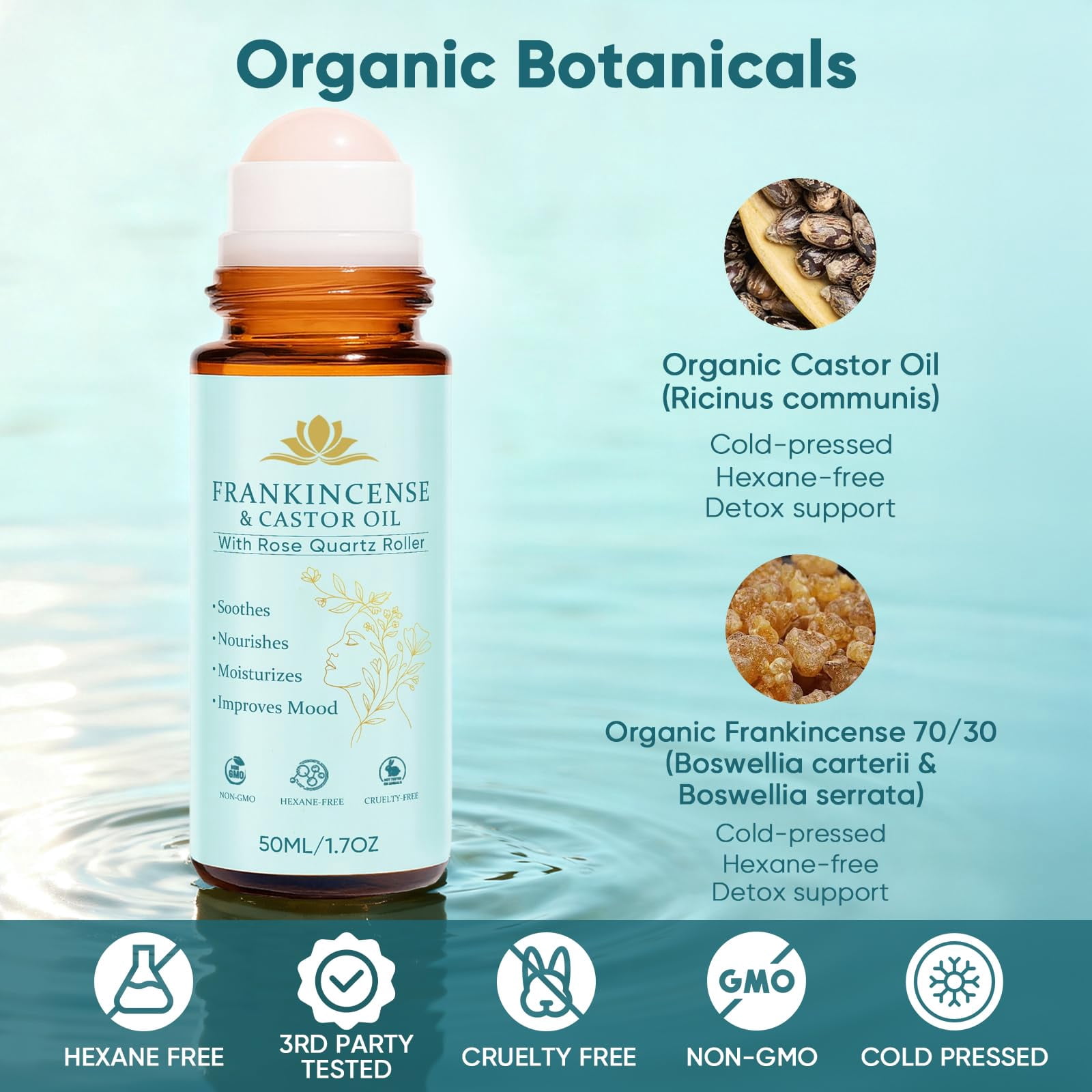 Frankincense and Castor Oil, Castor Oil Roll On with Rose Quartz, 100% Pure, Organic, Cold-Pressed, Firms Skin, Reduces Fine Lines & Hormone Balance, Suitable for Face, Neck, Abdomen.(1 Set)