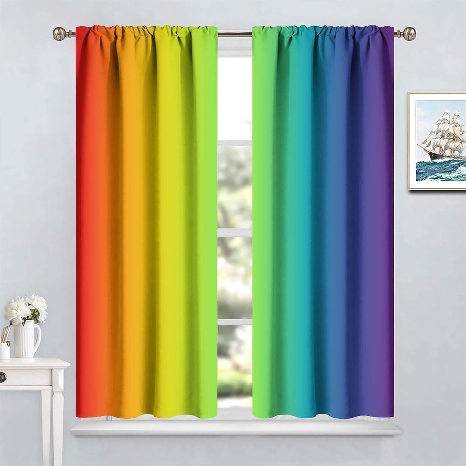 Rainbow Window Curtains, Abstract Colorful Rainbow Matching Art Theme Window Treatments Gradations of Colors Pleasant Atmosphere Blackout Rod Pocket Window Drapes for Bedroom Living Room 84x84in