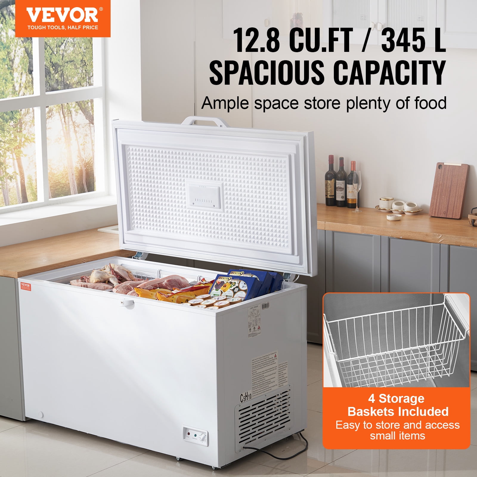 VEVOR Chest Freezer, 12.8 Cu.ft / 345 L Large Deep Freezer & 4 Removable Baskets,Freestanding Top Open Door Commercial Chest Freezers with Locking Lid, 7-Level Adjustable Temp,LED Lighting,6 Wheels