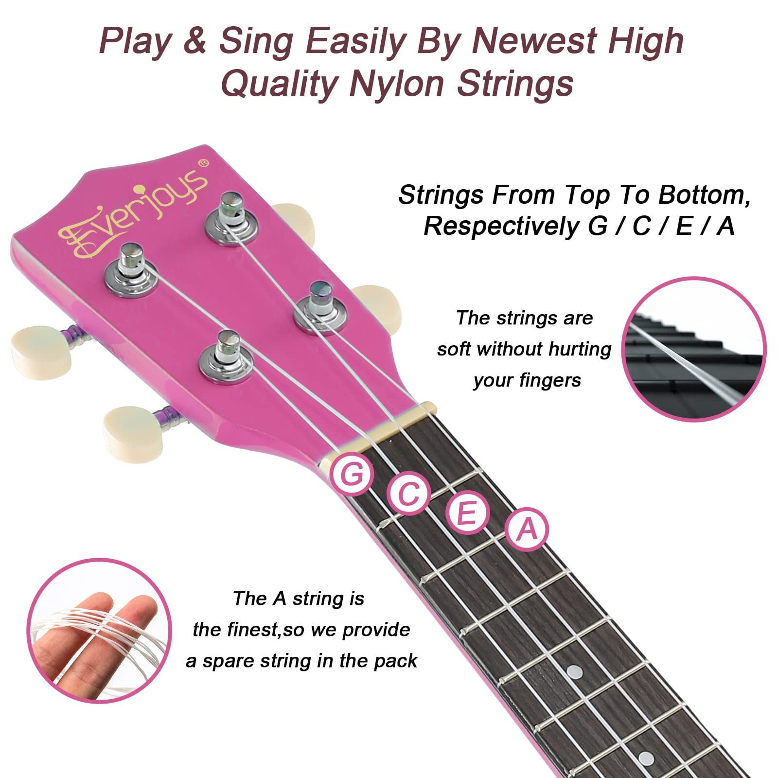 Everjoys 21" Soprano Ukulele Beginner Kit w/ Free Online Lesson, Gig Bag, Strap, Digital Tuner, Spare String, Picks, Polishing Cloth, Rainbow Series