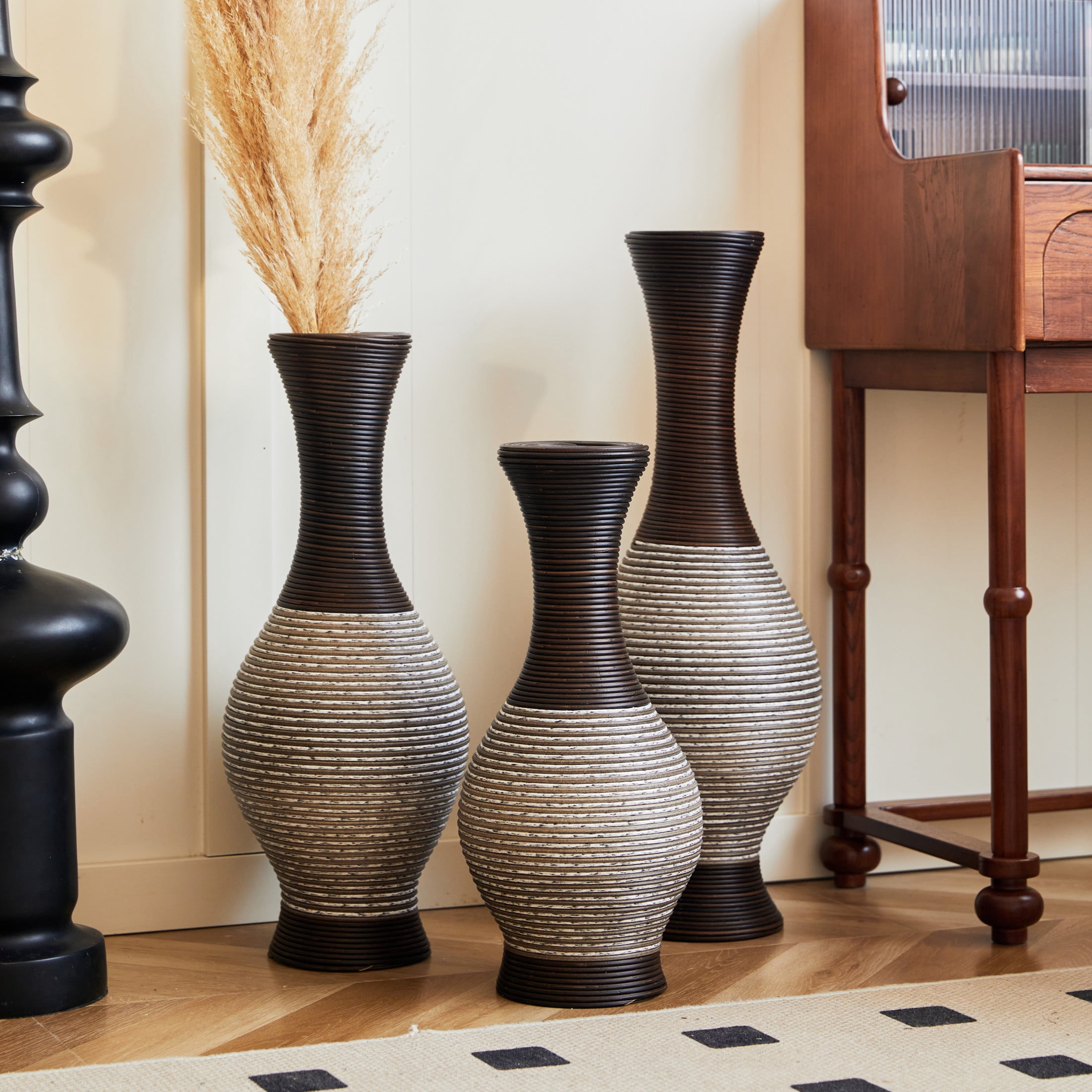 Noble House Set of 3 PVC Floor Vases, Decorative Vases with Textured Design, Brown + White