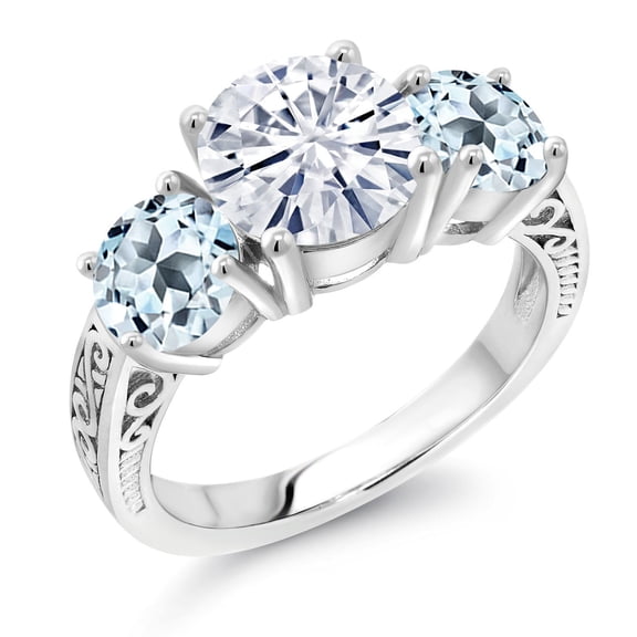 Gem Stone King 925 Sterling Silver White Moissanite and Sky Blue Topaz Engagement Ring for Women | 3.90 Cttw | Round 8MM | Gemstone Birthstone | Size 8