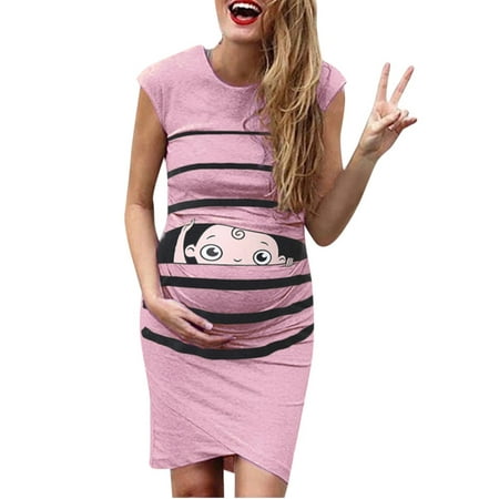 

MPWEGNP Pregnanty Dress Casual Cute Dresses Maternity Print Cartoon Sleeveless Women s Maternity dress Spaghetti Strap Maternity Dress Toffee