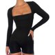 thumbnail image 1 of 26-27 Long Sleeve V-neck Rompers For Women - Bodycon Stretchy Jumpsuit Bodysuit With Shorts, 1 of 5