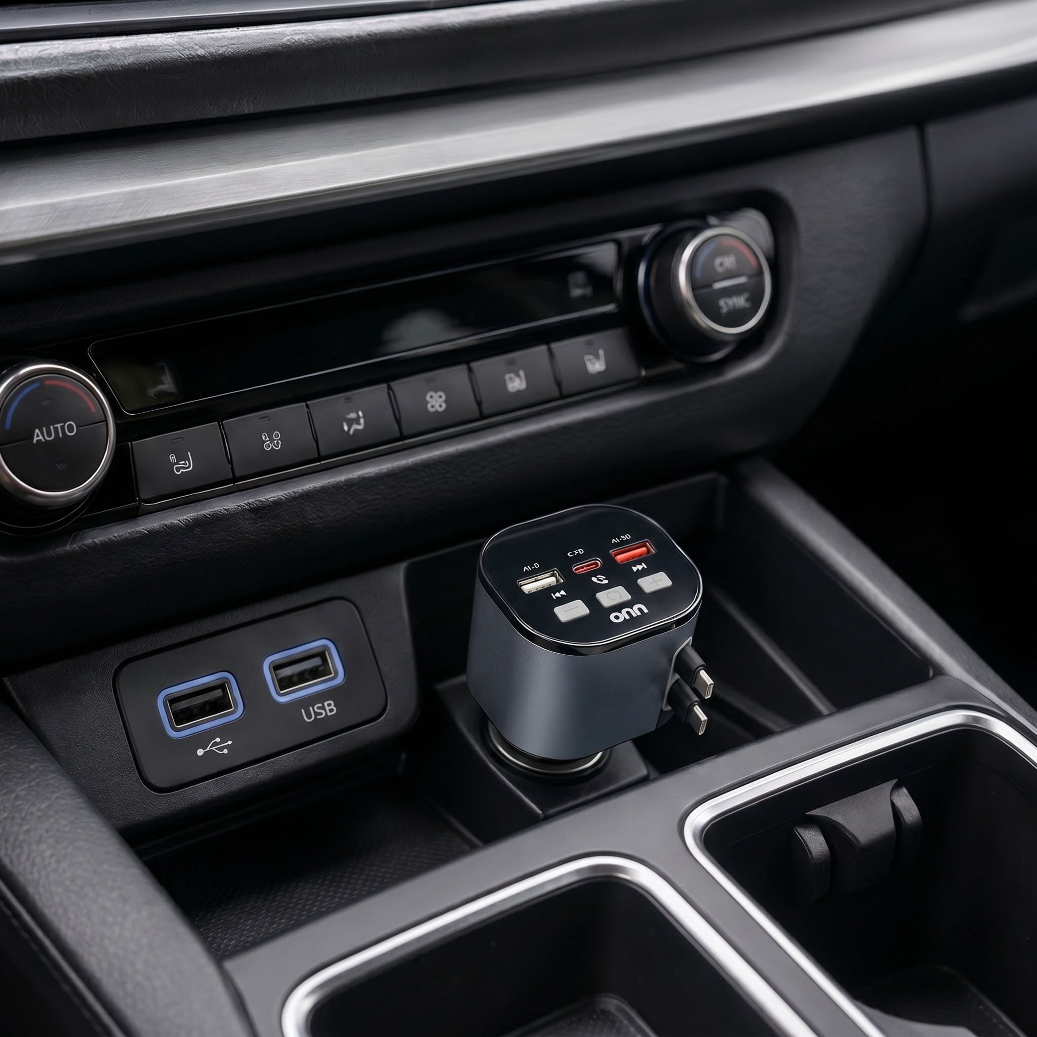onn 30W/18W Wireless FM Transmitter and Car Charger with Retractable USB-C Cables