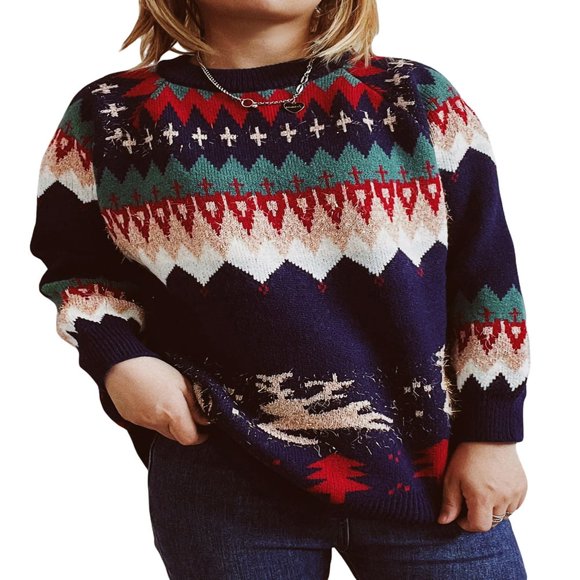 Women Christmas Sweater Knit Pullover Long Sleeve Crew Neck Elk Winter Tops