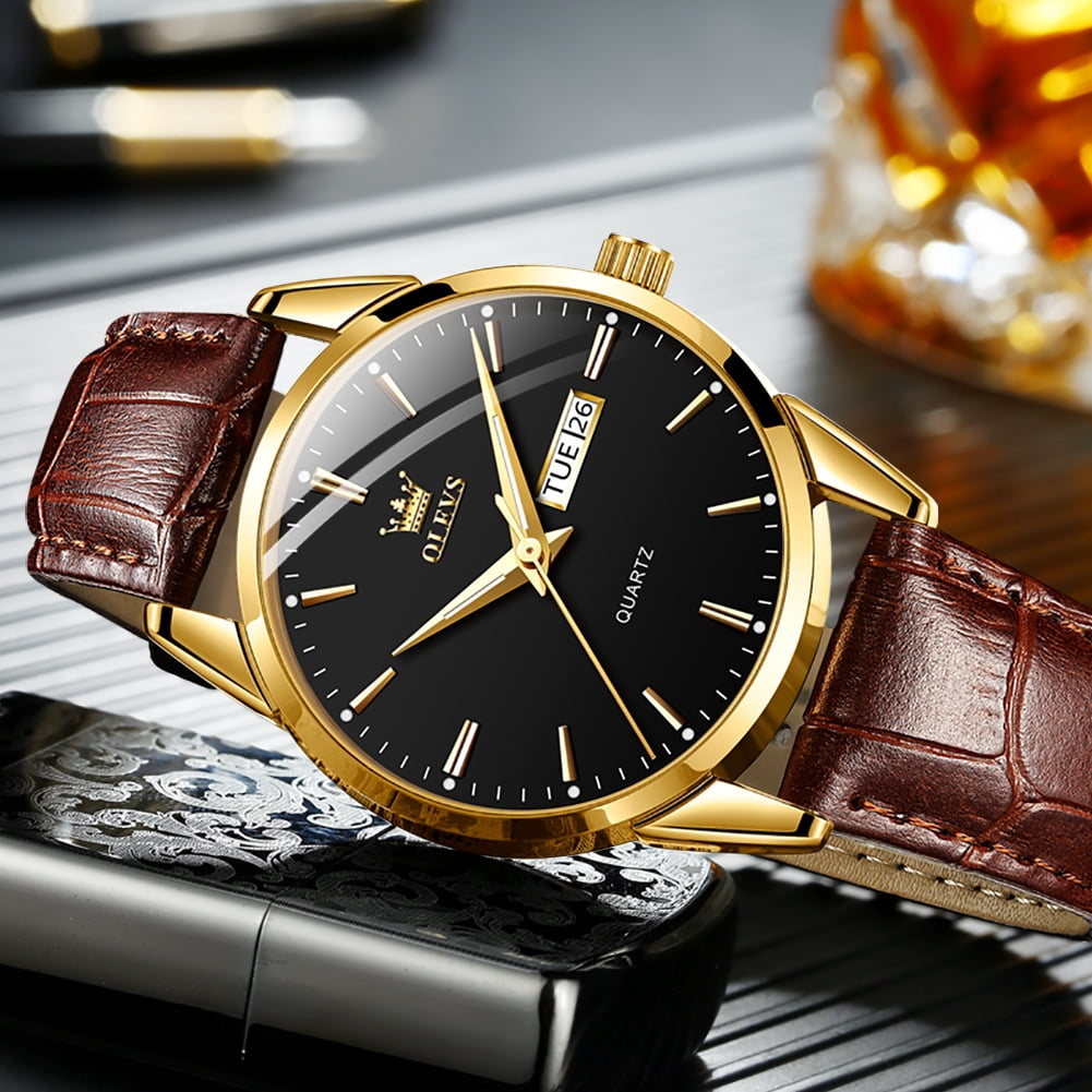 OLEVS Mens Watches,Brown Leather Watch for Men,Gold Plated Case Analog Quartz Fashion Business Dress Watch Luminous Waterproof Casual Male Wrist Watches Reloj para Hombre